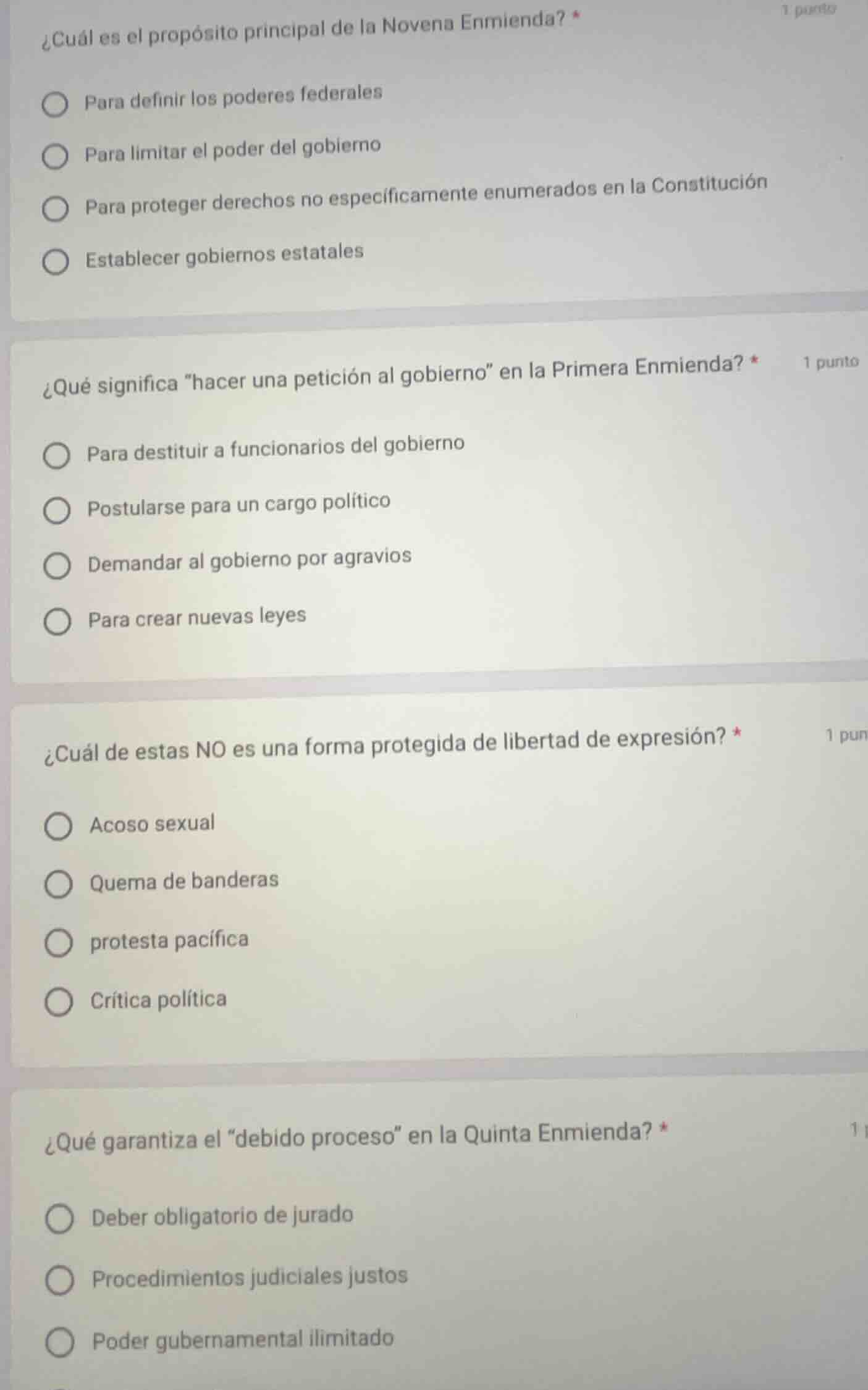 ¿cuál es el propósito principal de la novena enmienda? * 1 punto para d…