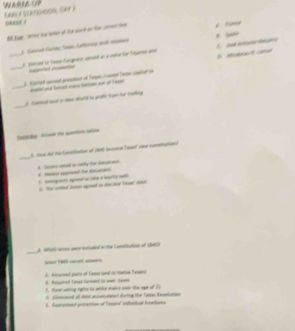 warm-up early settlements, part 1 grade 7 match: write the letter of th…