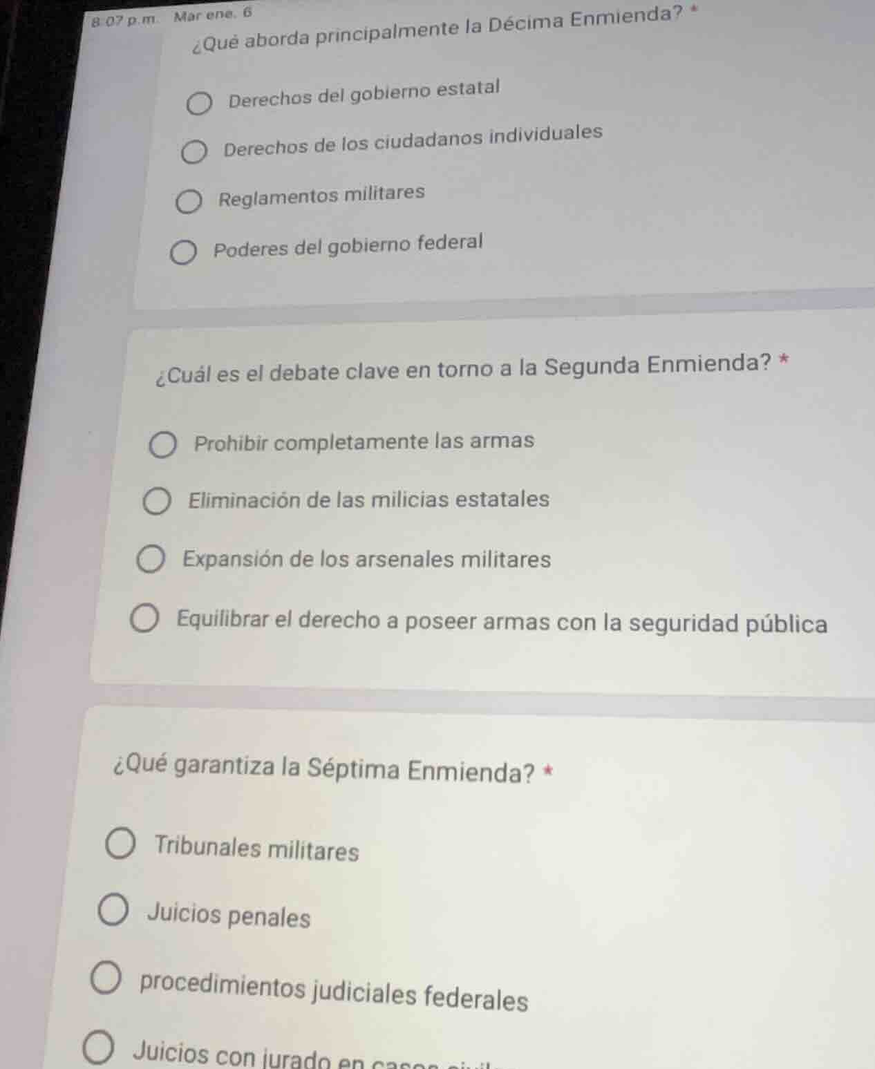 ¿qué aborda principalmente la décima enmienda? * ○ derechos del gobiern…