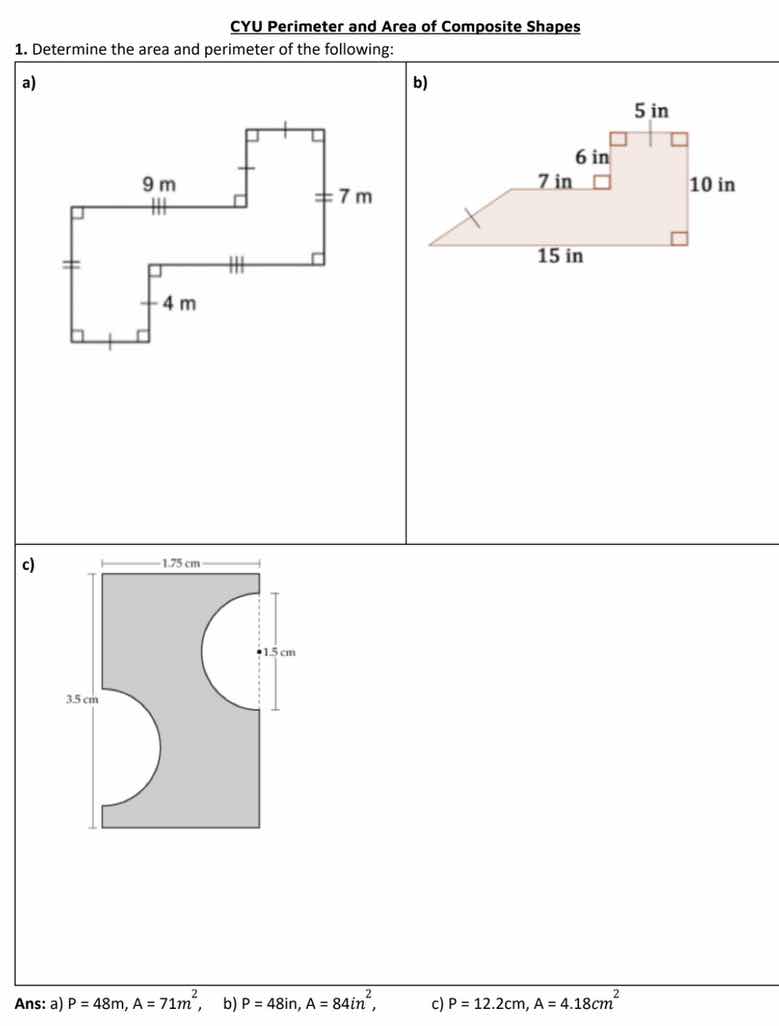 cyu perimeter and area of composite shapes 1. determine the area and pe…