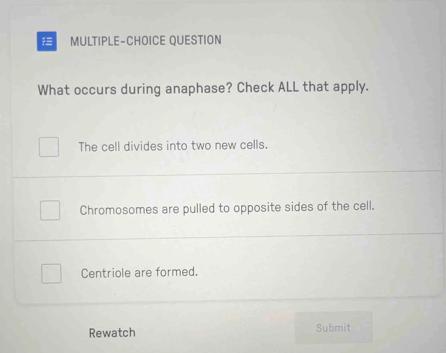 multiple-choice question what occurs during anaphase? check all that ap…