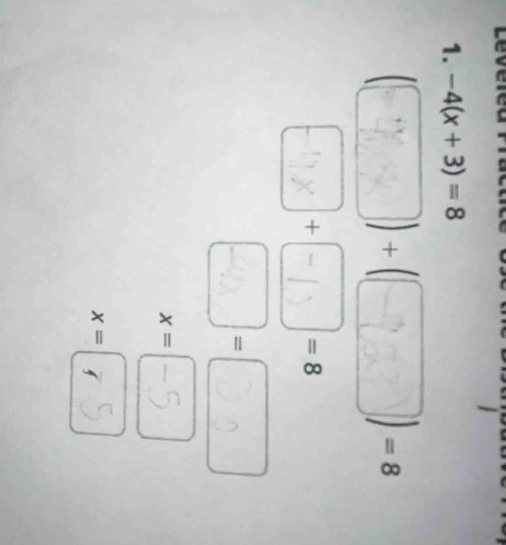 1. $-4(x + 3)=8$