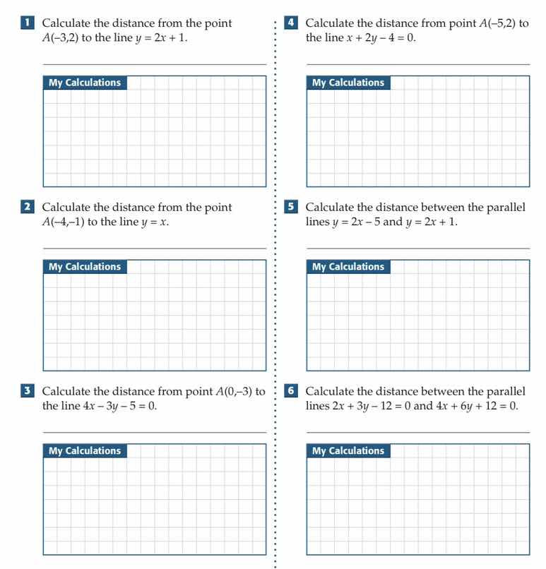 1 calculate the distance from the point a(-3,2) to the line y = 2x + 1.…
