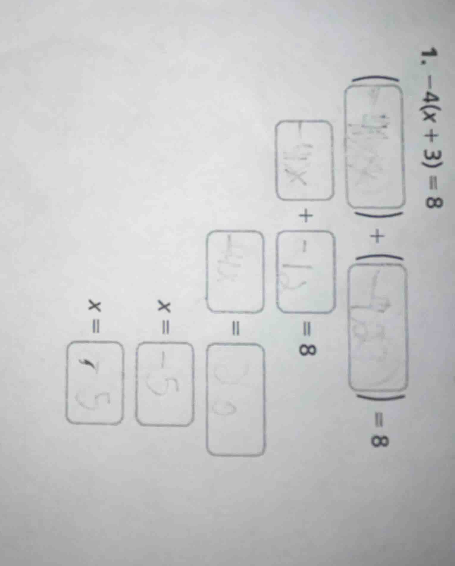 1. $-4(x + 3) = 8$