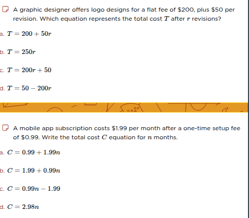 a graphic designer offers logo designs for a flat fee of $200, plus $50…