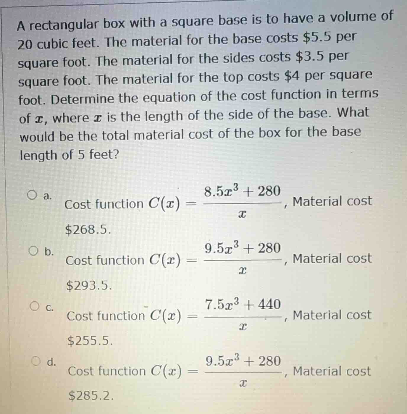 a rectangular box with a square base is to have a volume of 20 cubic fe…