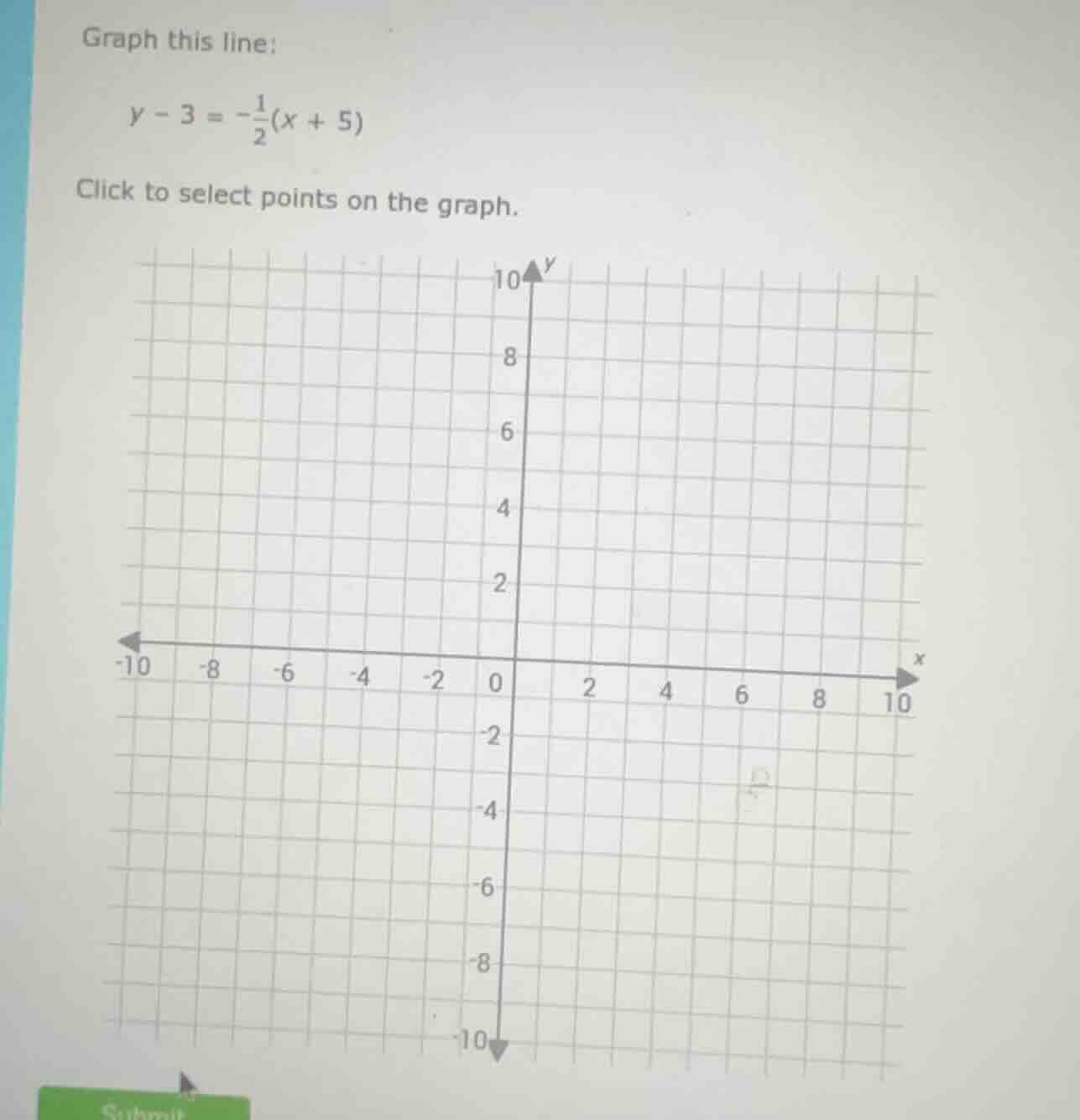 graph this line: y - 3 = -\\frac{1}{2}(x + 5) click to select points on…