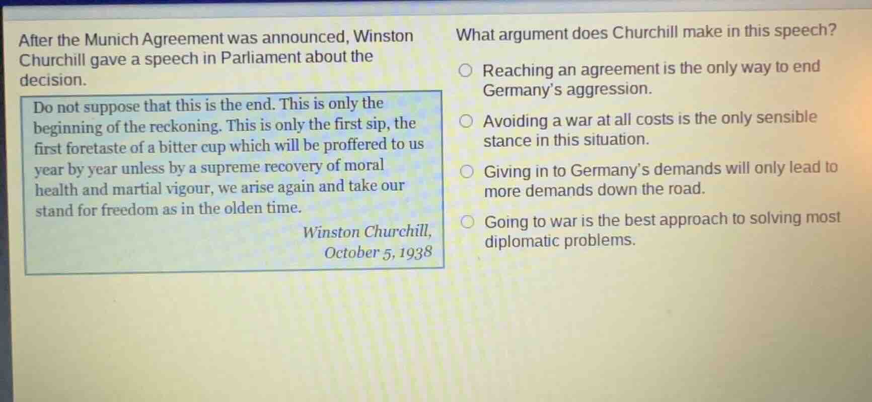 after the munich agreement was announced, winston churchill gave a spee…