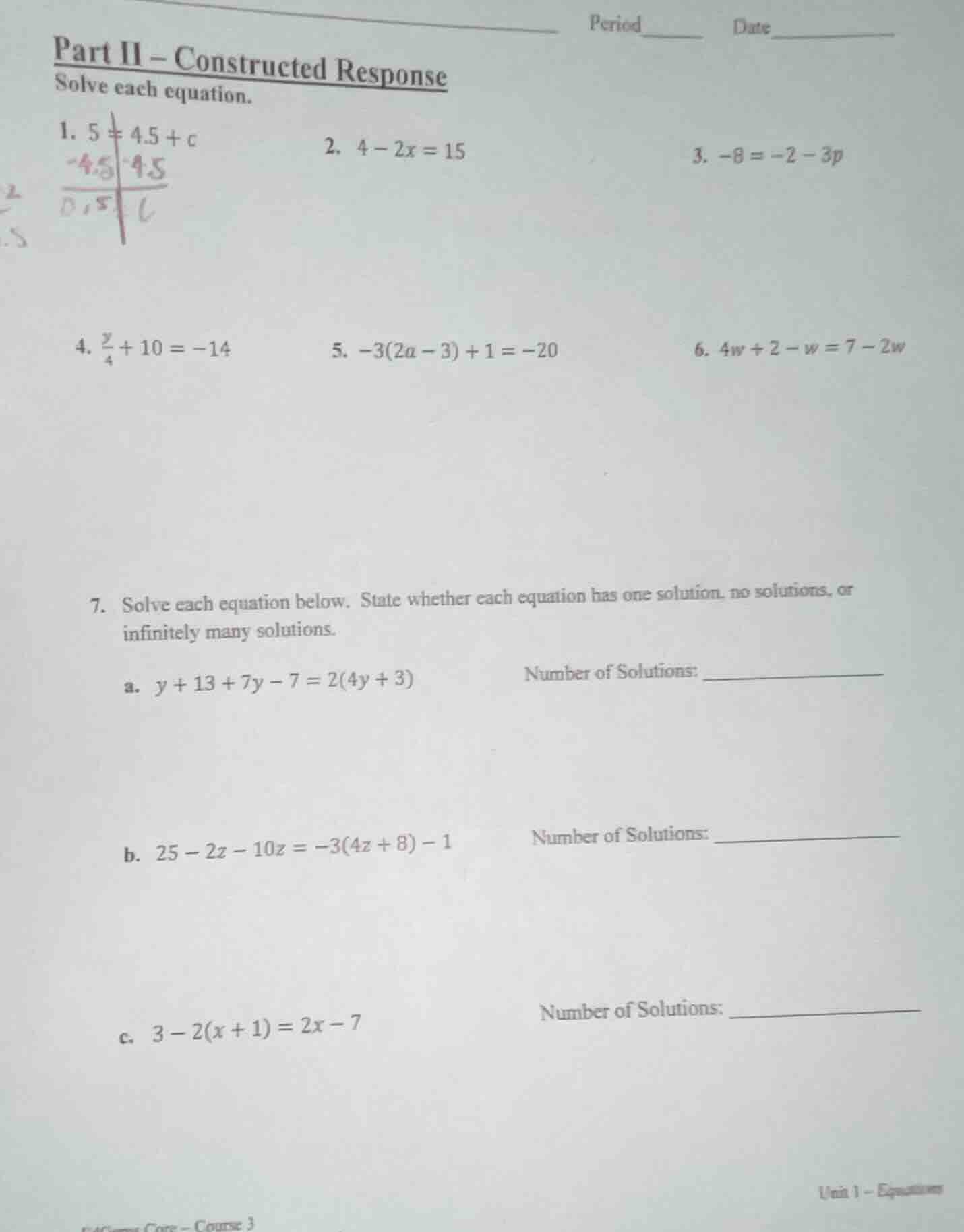 part ii – constructed response solve each equation. 1. $5 = 4.5 + c$ 2.…