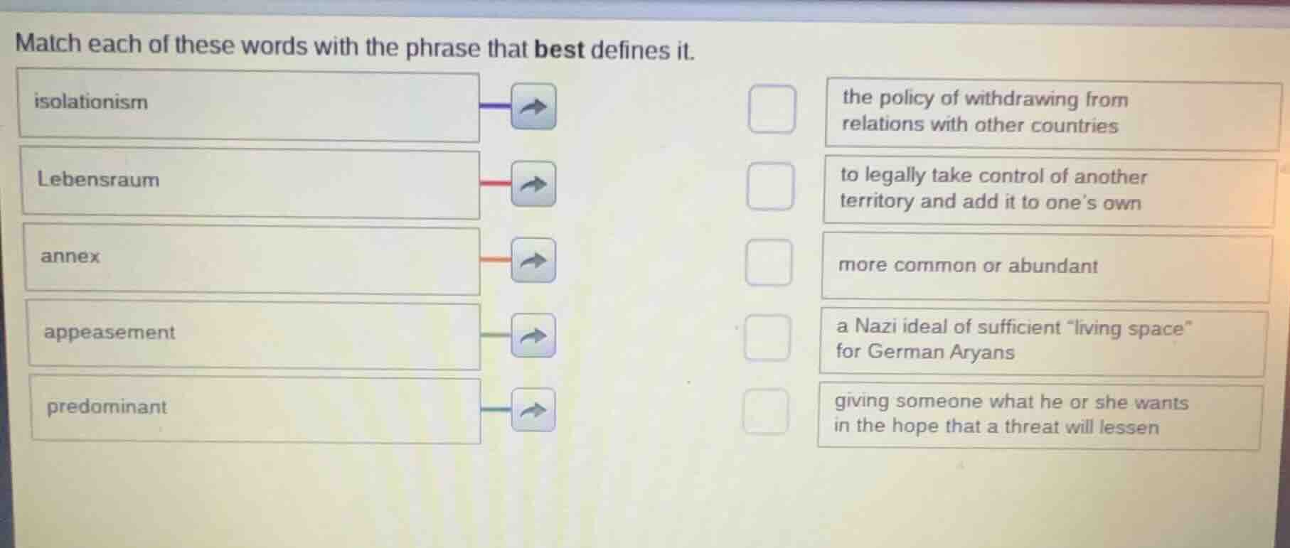 match each of these words with the phrase that best defines it. isolati…