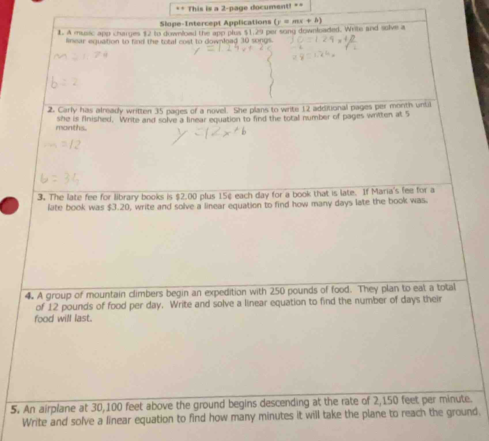 ** this is a 2-page document! ** slope-intercept applications ($y = mx …