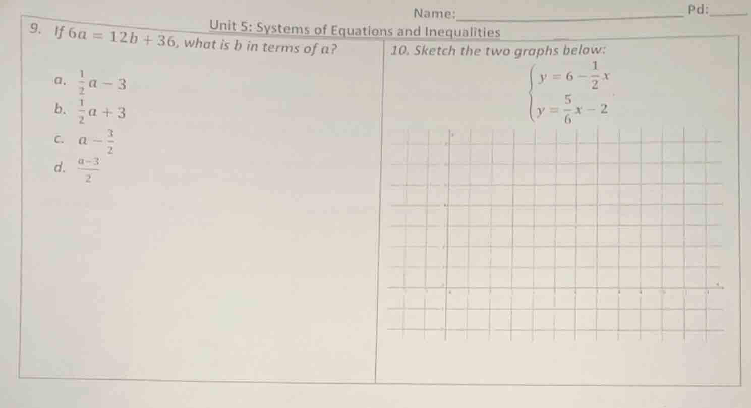 unit 5: systems of equations and inequalities name: pd: 9. if $6a = 12b…