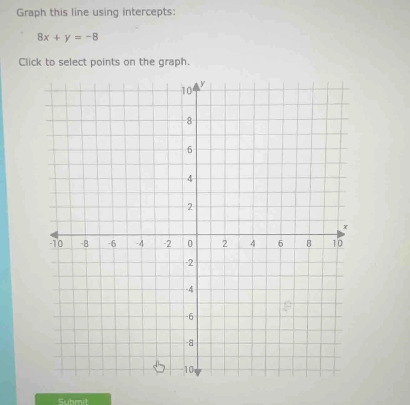 graph this line using intercepts: 8x + y = -8 click to select points on…