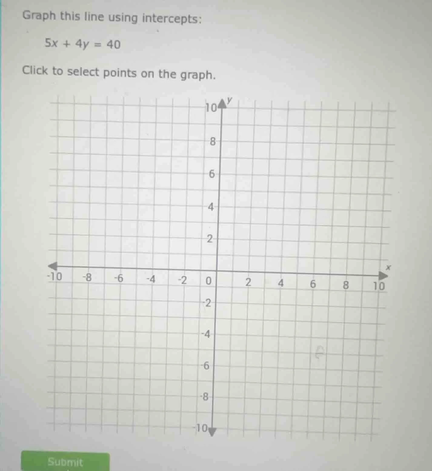 graph this line using intercepts: 5x + 4y = 40 click to select points o…