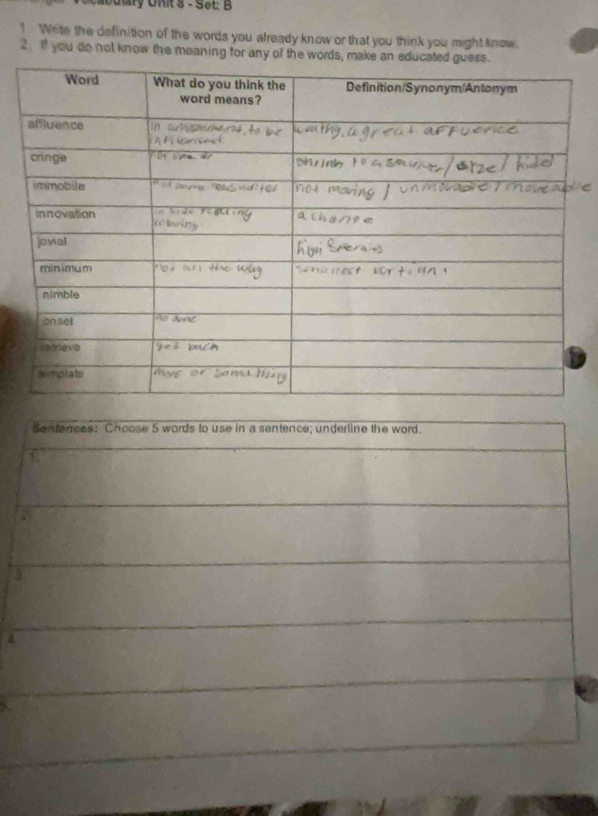 vocabulary unit 8 - set b 1. write the definition of the words you alre…