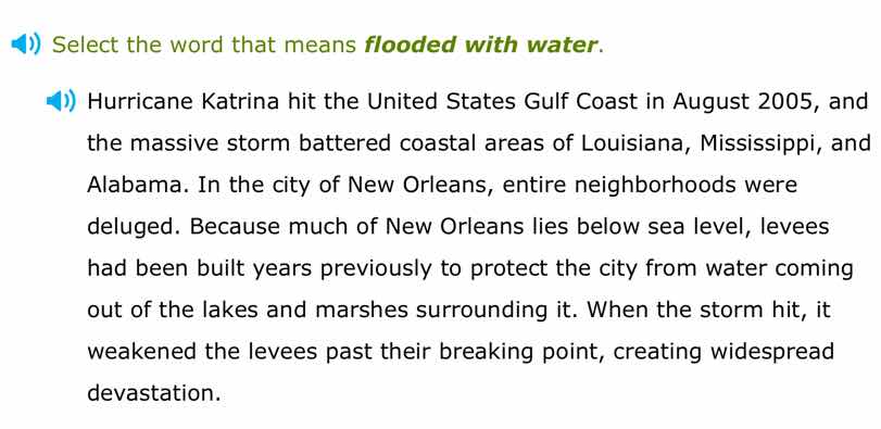 select the word that means flooded with water. hurricane katrina hit th…