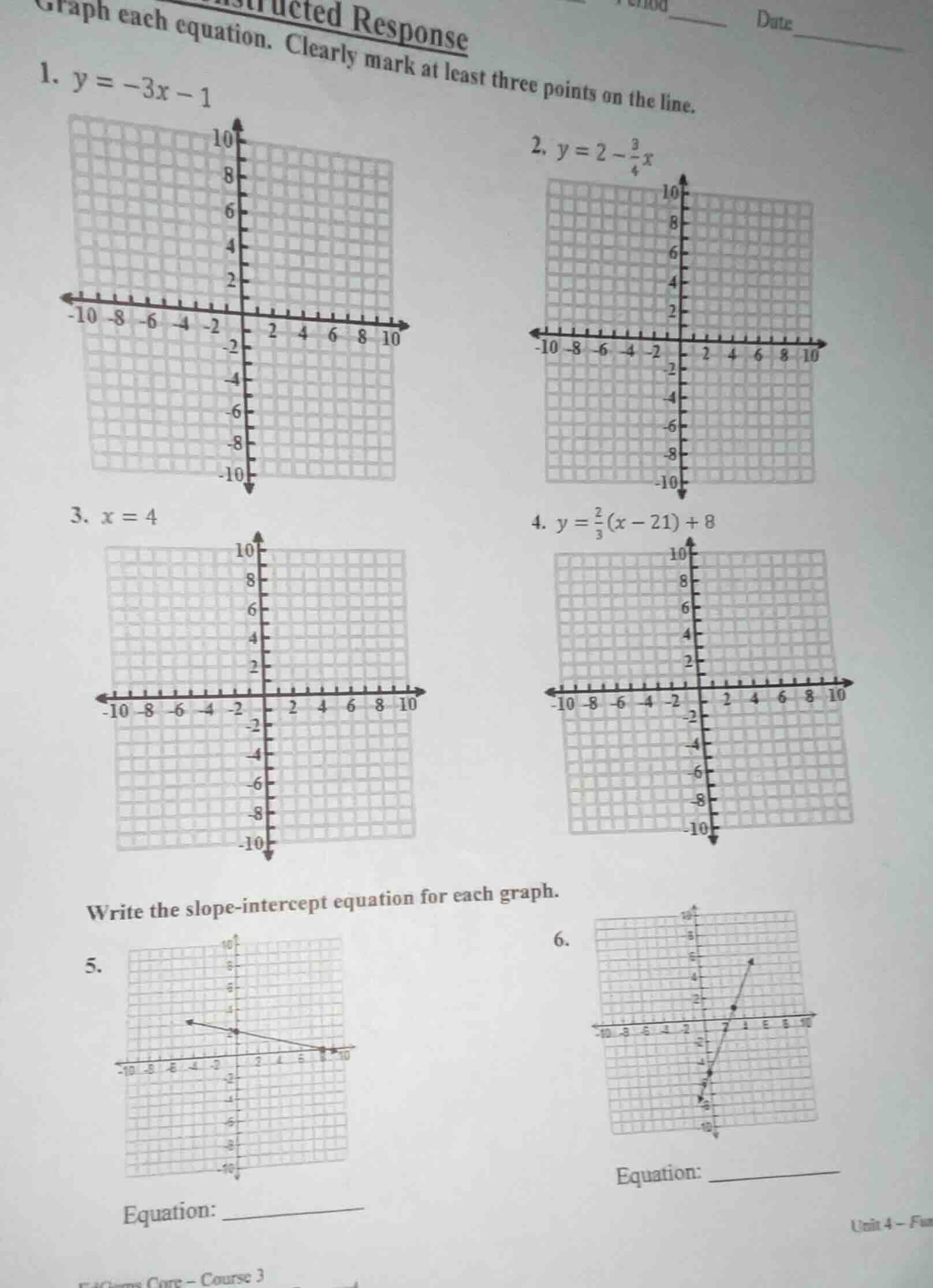 constructed response graph each equation. clearly mark at least three p…