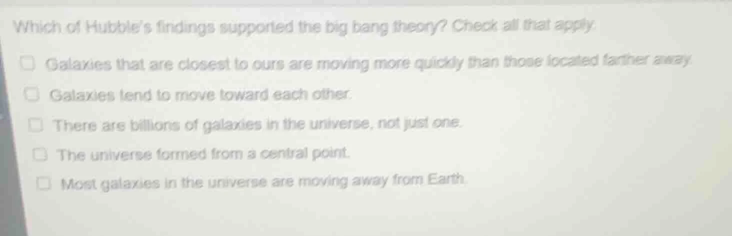which of hubble’s findings supported the big bang theory? check all tha…