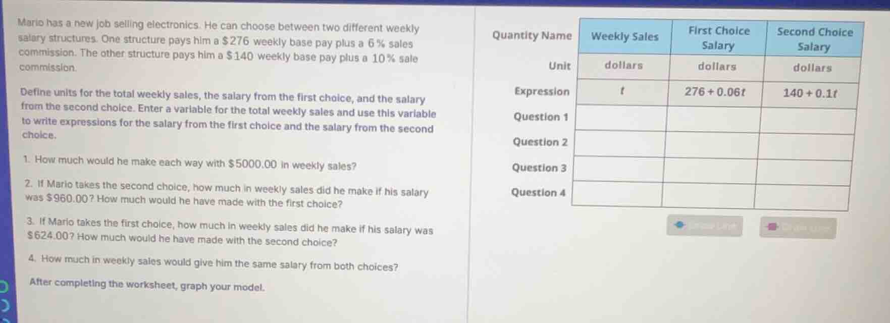 mario has a new job selling electronics. he can choose between two diff…