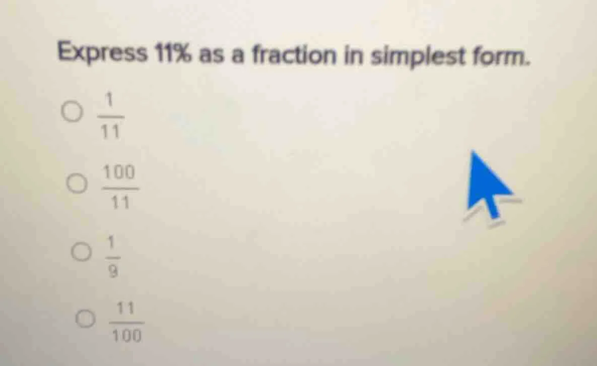 express 11% as a fraction in simplest form. options: 1/11, 100/11, 1/9,…