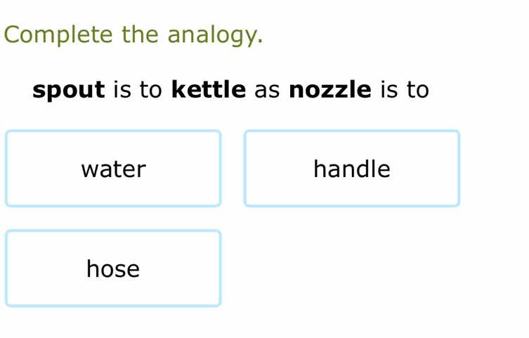 complete the analogy. spout is to kettle as nozzle is to water handle h…