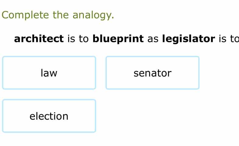 complete the analogy. architect is to blueprint as legislator is to law…