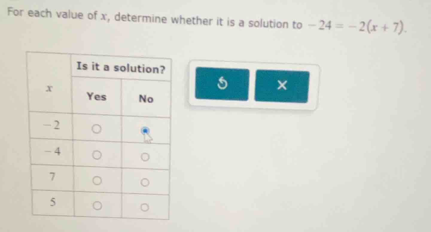 for each value of x, determine whether it is a solution to -24 = -2(x +…