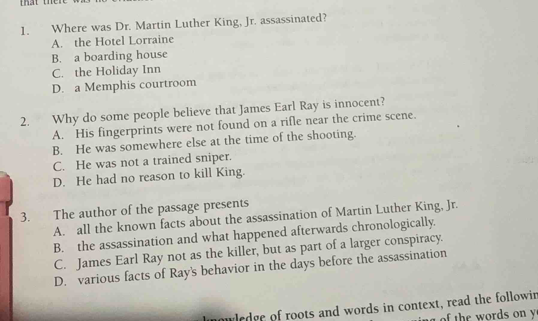 1. where was dr. martin luther king, jr. assassinated? a. the hotel lor…
