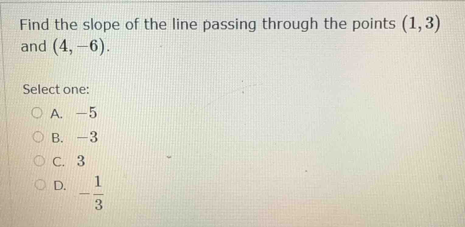 find the slope of the line passing through the points (1,3) and (4, -6)…