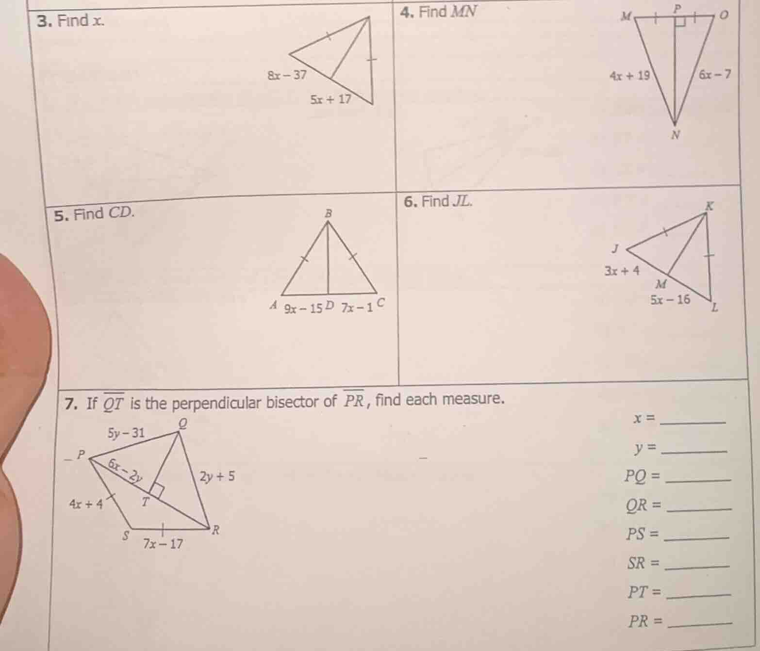 3. find x. 4. find mn 5. find cd. 6. find jl. 7. if \\(\\overline{qt}\\…