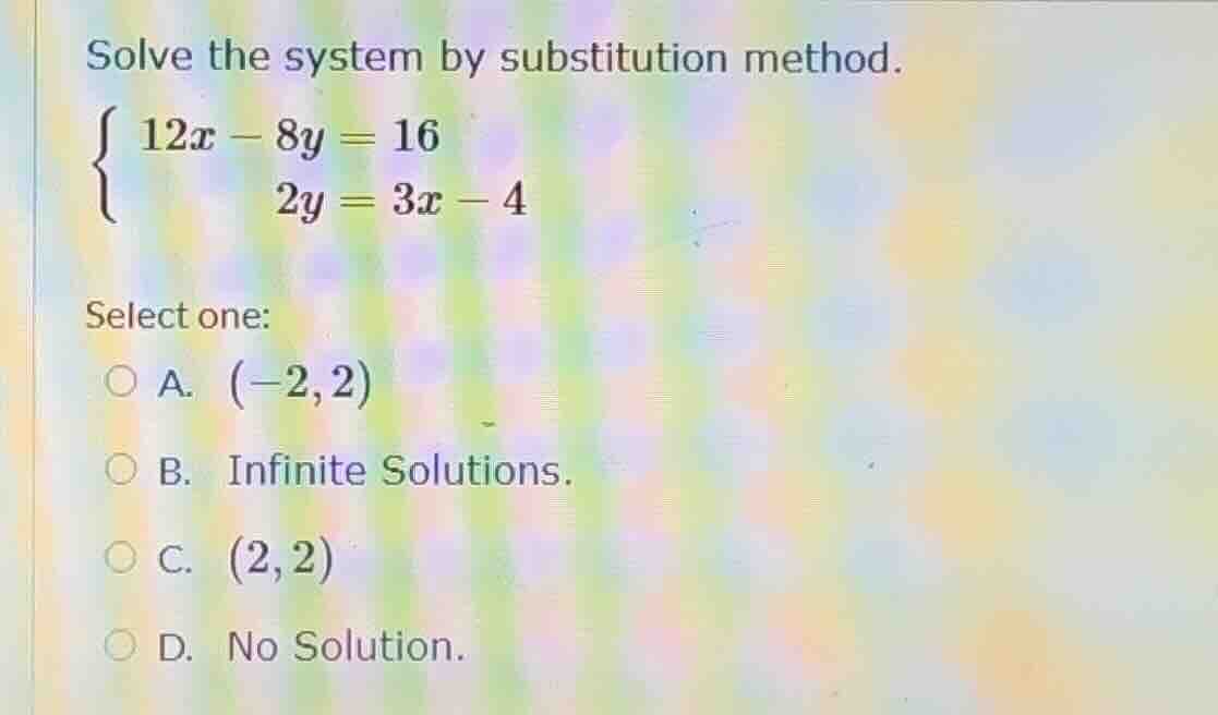 solve the system by substitution method.\\begin{cases} 12x - 8y = 16 \\…