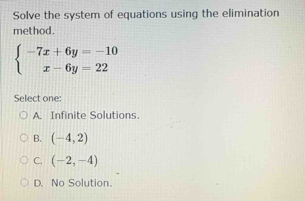 solve the system of equations using the elimination method.\\begin{case…