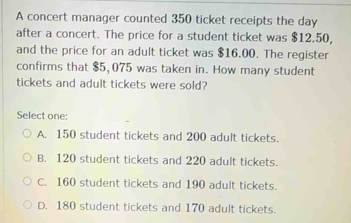 a concert manager counted 350 ticket receipts the day after a concert. …