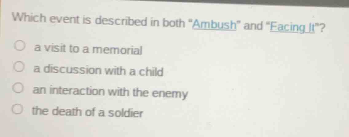 which event is described in both \ambush\ and \facing it\? ○ a visit to…