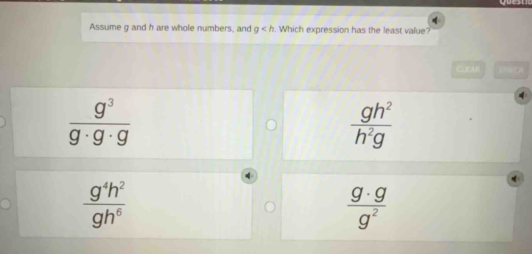 assume g and h are whole numbers, and g < h. which expression has the l…