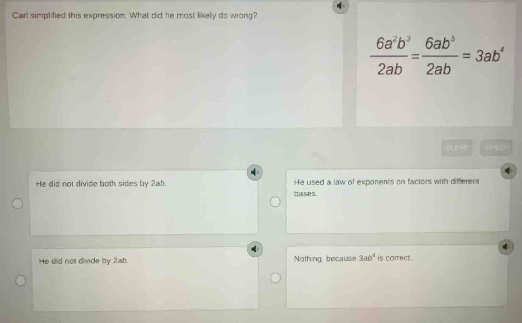 carl simplified this expression. what did he most likely do wrong? \\(\…