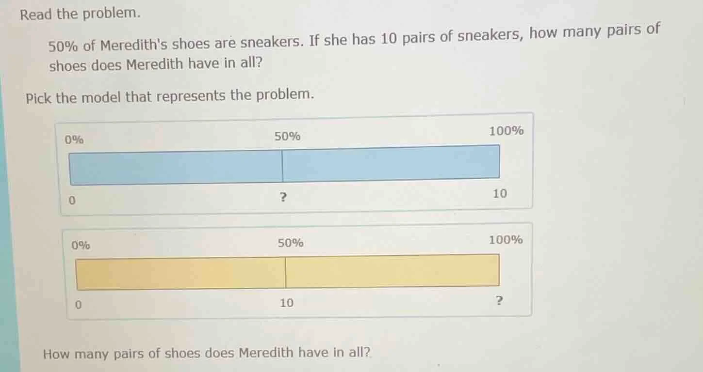 read the problem. 50% of merediths shoes are sneakers. if she has 10 pa…