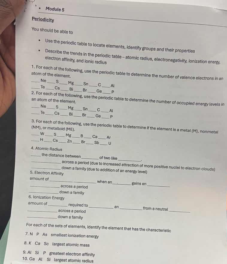module 5 periodicity you should be able to - use the periodic table to …