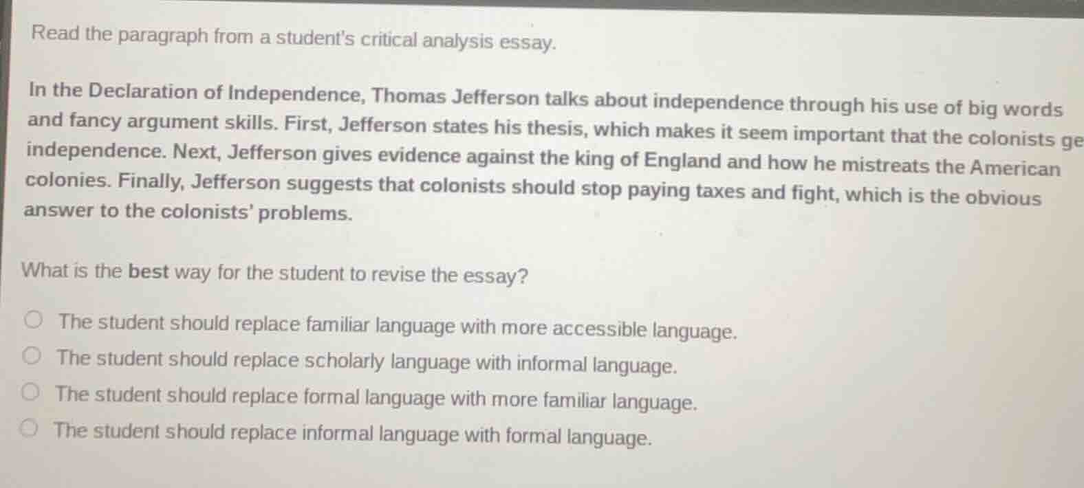 read the paragraph from a students critical analysis essay. in the decl…