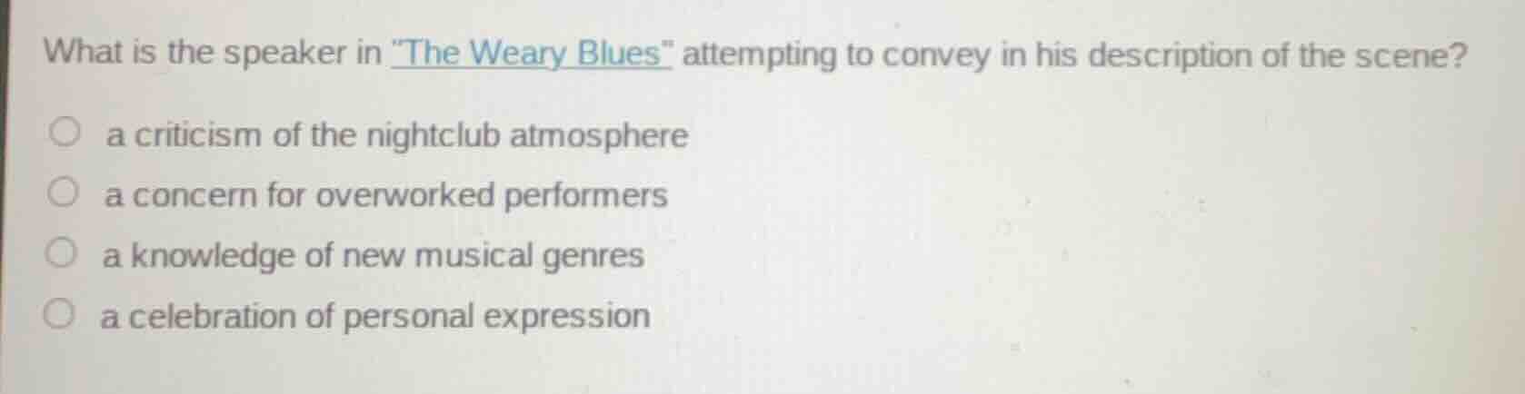 what is the speaker in the weary blues attempting to convey in his desc…