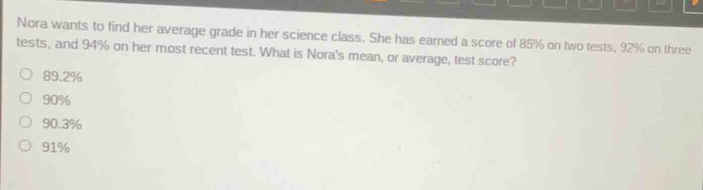 nora wants to find her average grade in her science class. she has earn…
