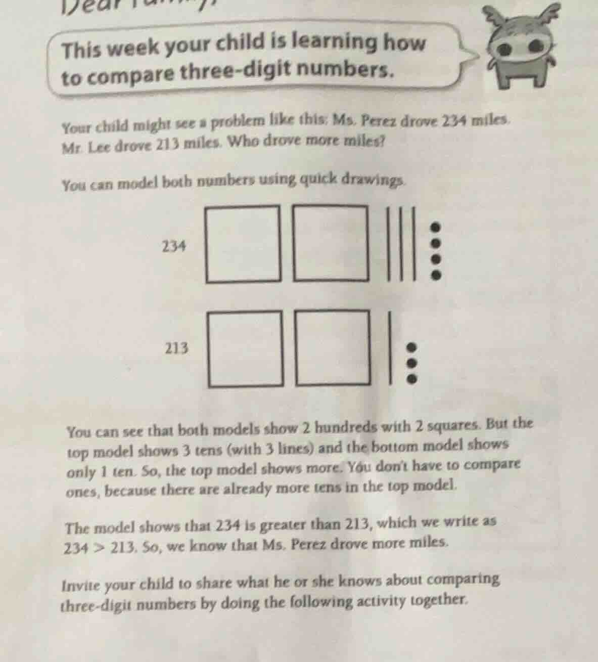 dear... this week your child is learning how to compare three - digit n…