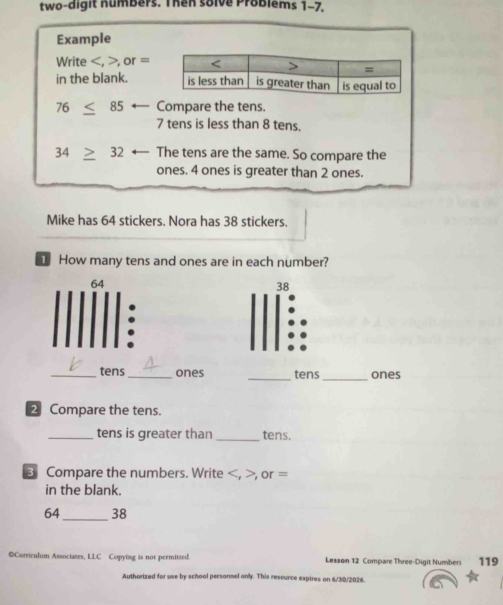 two - digit numbers. then solve problems 1 - 7. example write <, >, or …