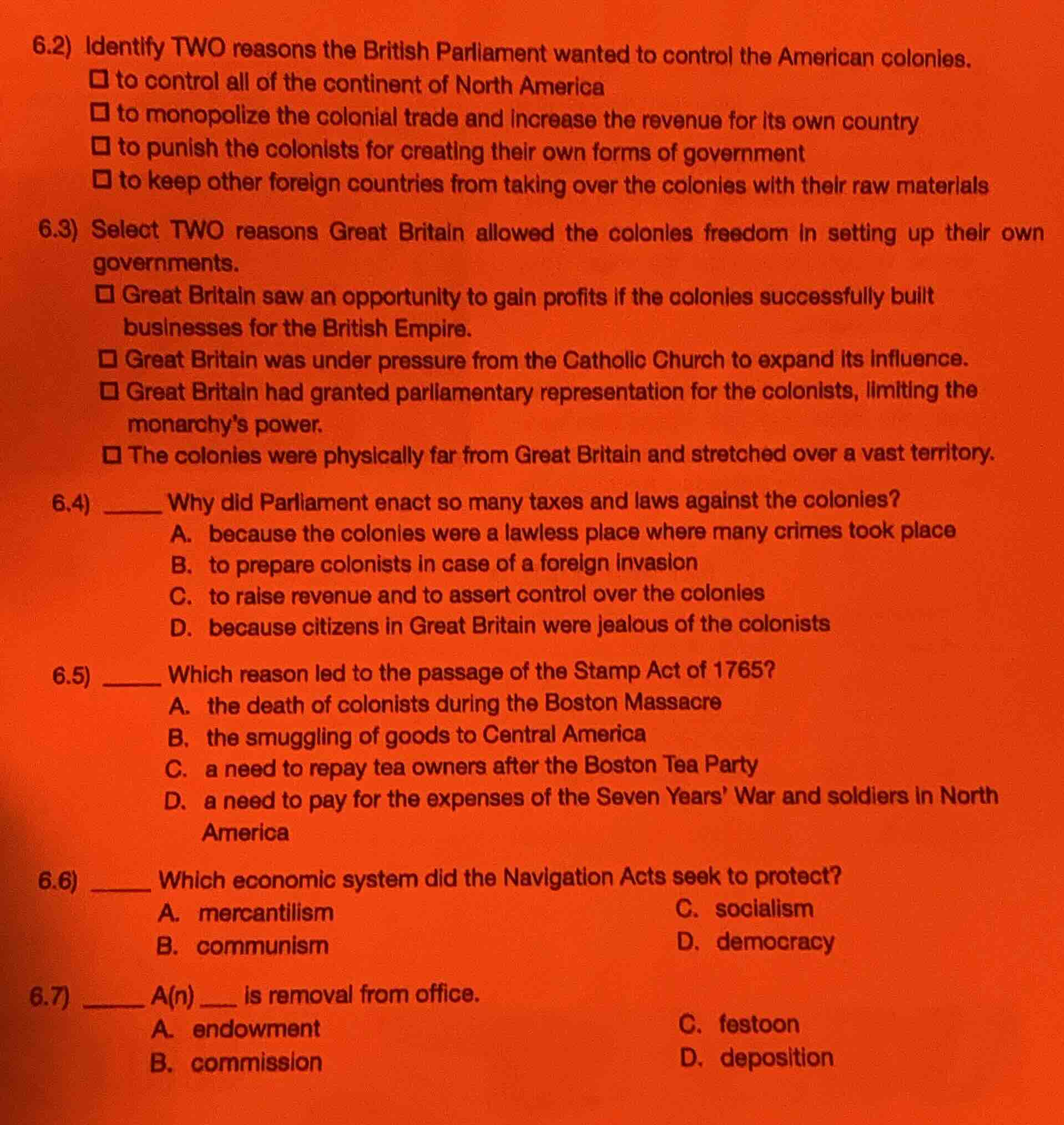 6.2) identify two reasons the british parliament wanted to control the …
