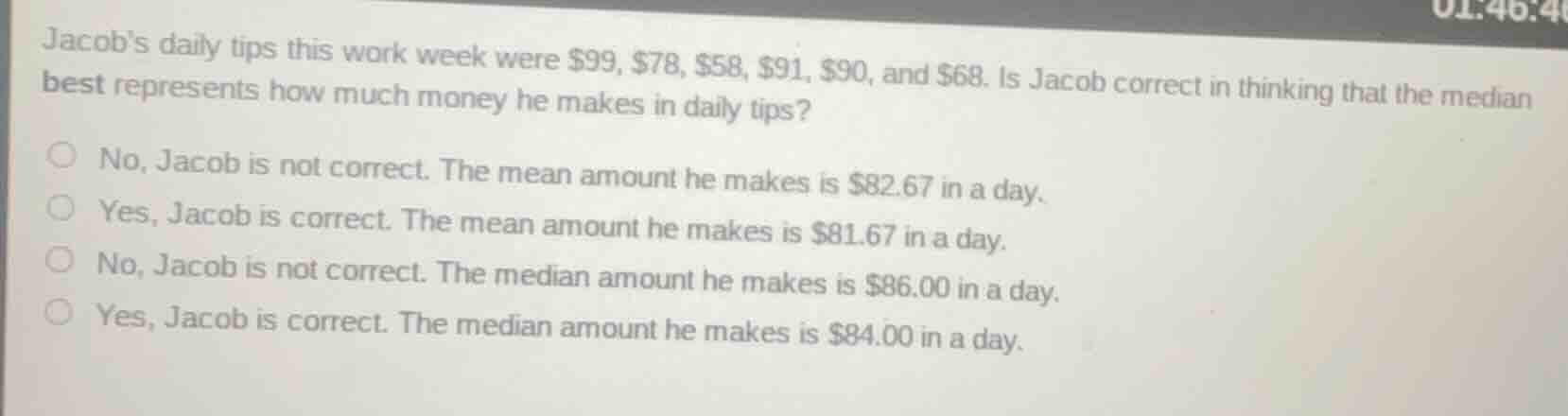 jacobs daily tips this work week were $99, $78, $58, $91, $90, and $68.…