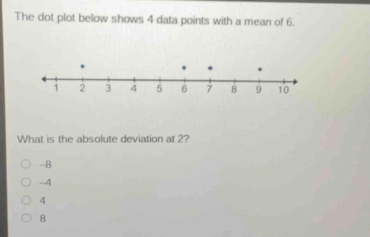 the dot plot below shows 4 data points with a mean of 6. (there is a do…