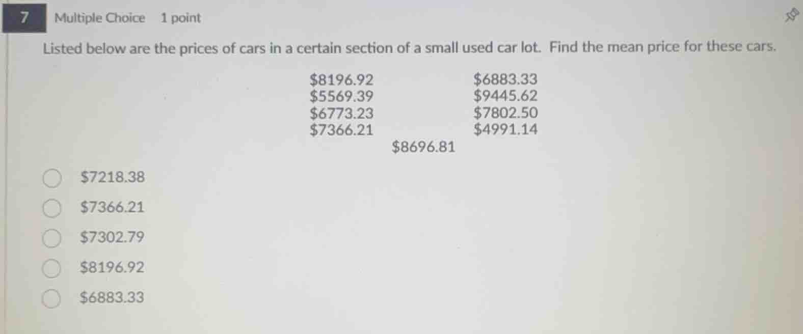 7 multiple choice 1 point listed below are the prices of cars in a cert…