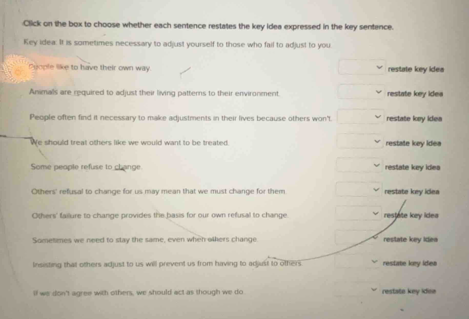 click on the box to choose whether each sentence restates the key idea …
