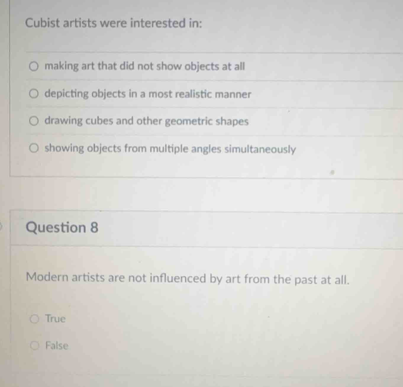 cubist artists were interested in: ○ making art that did not show objec…