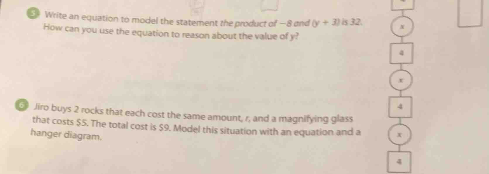 5 write an equation to model the statement the product of -8 and (y + 3…